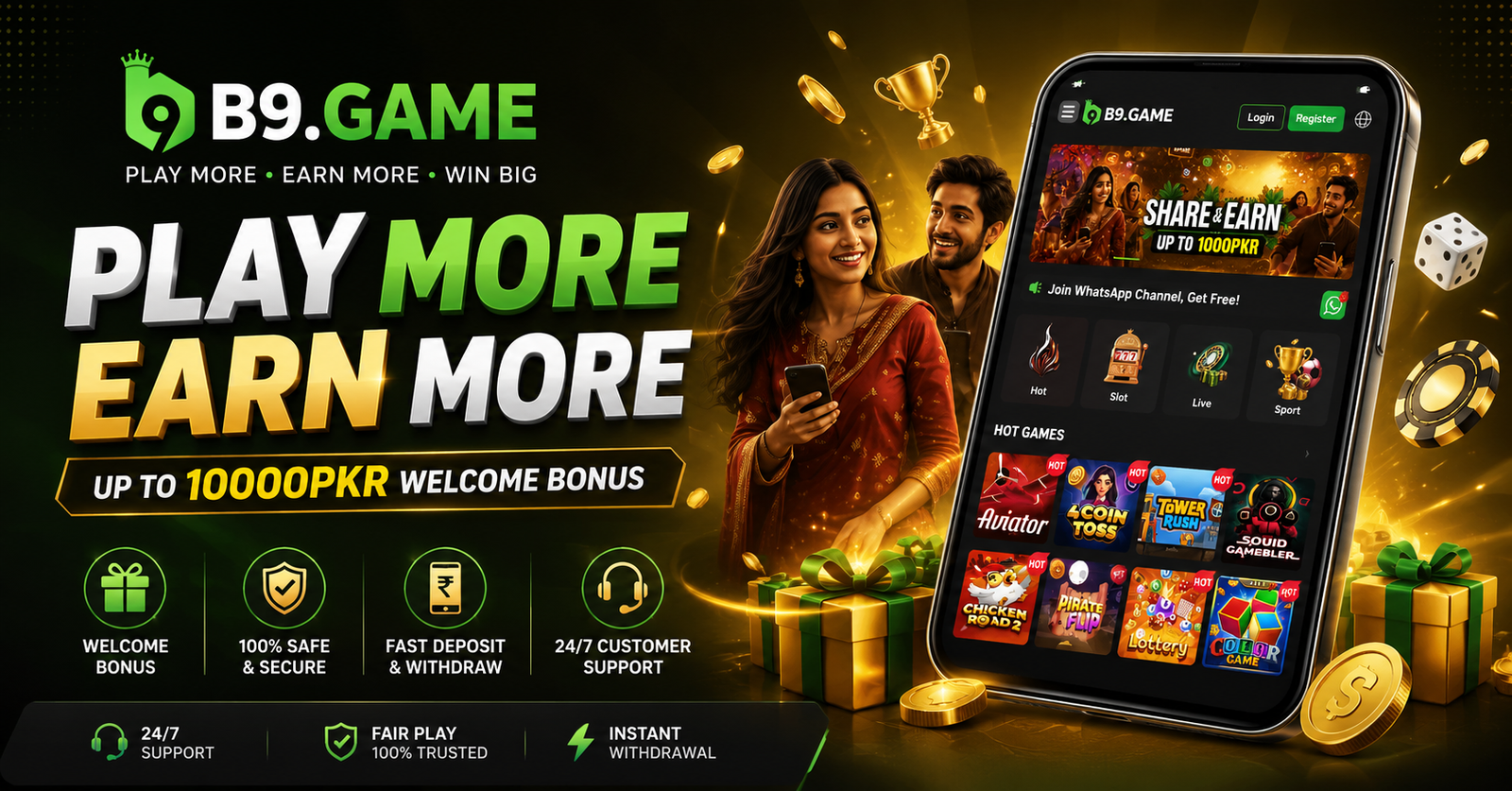 b9 game promotional banner — play more, earn more, win big with up to 10000 PKR welcome bonus