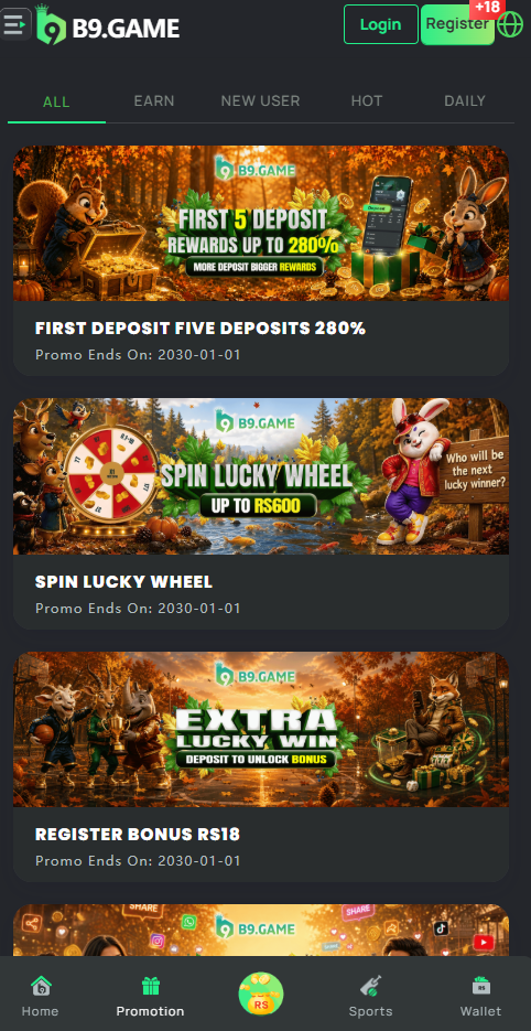 b9 game app promotions screen showing deposit rewards and lucky wheel offers